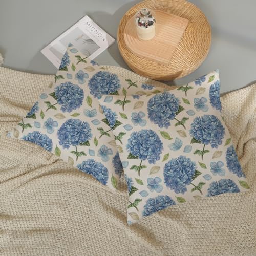 Spring Floral Pillow Covers 18x18 Pack of 2 Blue Hydrangea Flower Throw Pillow Covers Decoration,Summer Holiday Decor Pillowcase Rustic Farmhouse Linen Cushion Case for Home Sofa Couch Outdoor - color: Blue Hydrangea, size: 18" x 18" (Pack of 2)