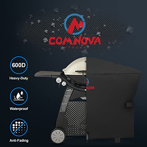 Comnova Grill Cover for Weber Q Grill on Cart - 7112 BBQ Cover for Weber Q3000/Q300/Q2000/Q200 with Portable Stand, 600D Heavy Duty & Waterproof BBQ Cover for Weber Q3200, 3000, 320, 300 and More - color: Premium Black - Q3000 & Q2000 on Cart