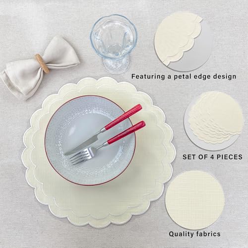 Linen Cotton Placemats Set of 4 Scalloped Flower Embroidery Place Mats 15'' Natural Linen Texture Fabric Machine Washable Table Mats for Restaurant Kitchen,Table Decor(Butter Yellow) - color: Butter Yellow