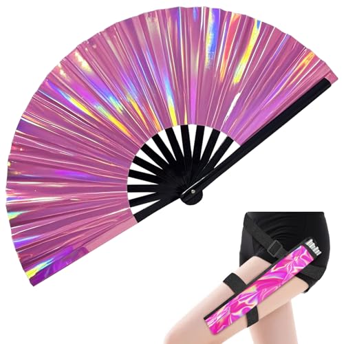 EOSAU Large Holographic Rave Fan Folding Hand Fans with Holster, Pink - color: 13" Pink Suit