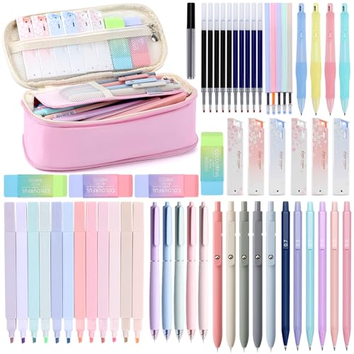 YOPCDJ 59 PCS Aesthetic School Supplies with Cute Pencil Case, Pastel Highlighters Black Ink Gel Pens Art Pencils Kit, Back to School Supplies College Essentials Preppy Stationary Set