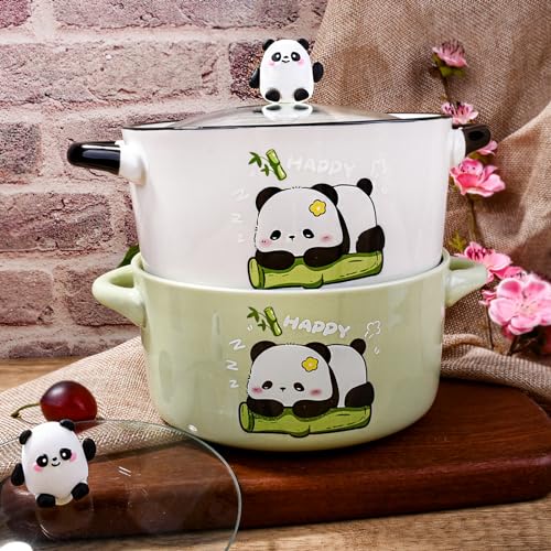 Ceramic Soup Bowl with Lid, Handles, Chopsticks and Spoon, 6'' Ramen Bowl - color: Green