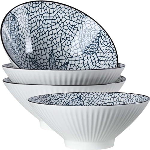 38 oz Japanese Ramen Bowls Set of 4, Large Pho Bowls, 8 Inch Ceramic Blue and White Soup Bowls, Leaf Pattern - color: Leaf Pattern