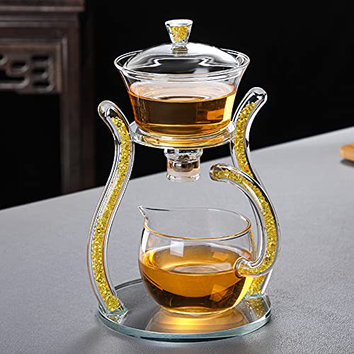 RORA Lazy Kungfu Glass Tea Set Semi Automatic Drip Rotating with Infuser Glass Teapot Set (6 cups) - color: Gold, size: teapot set