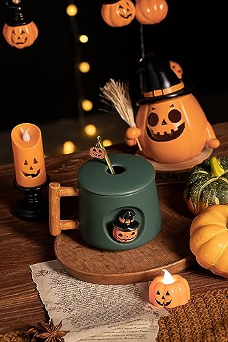DIHOclub Adorable 3D Ceramic Pumpkin Head Mug with Lid and Spoon - Perfect for Coffee, Tea, Milk, and More - Ideal Gift for Halloween - 14 Ounces (HalloweenG) - color: HalloweenG