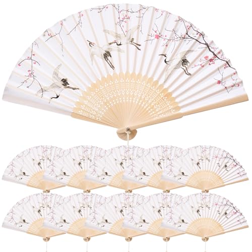 QIRMIZI 10 Pieces Handheld Fans, Silk Folding Fans, Floral Folding Fans for Birthday,Dancing, Cosplay, Weddings, Parties, and Events,Qianhe Silver Needle - color: 03 Red-crowned Crane