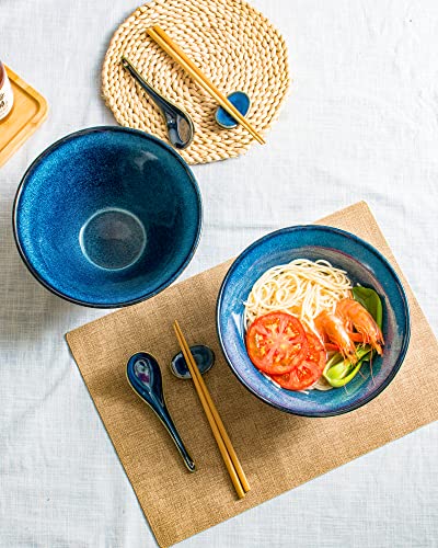 Large Ramen Bowls Set of 2, 71 oz Ceramic Noodle Bowls, Spoon & Chopsticks - color: Reactive Blue, size: 71 Oz