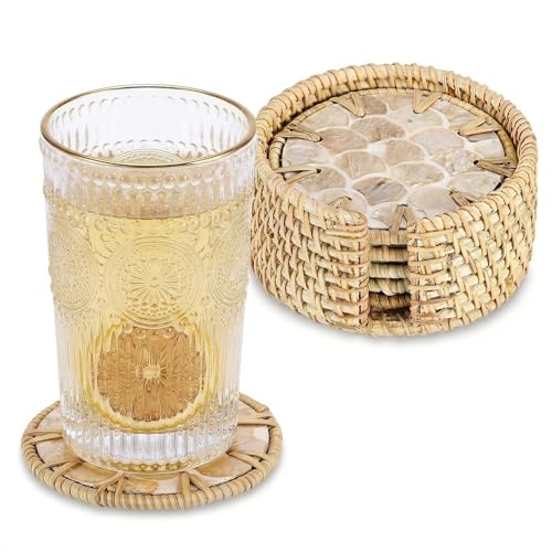 Coastal Coasters Set of 6, Boho Coaster Set with Holder, Fish Scale - style: Fish Scale