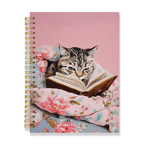 Spiral Notebook 8.3x5.5 Inches, Cozy Reading Cat Journal, Pink Floral Cat Notebook, Cute Striped Kitten Diary, Lined Spiral Writing Notebook - color: Bookish Cat