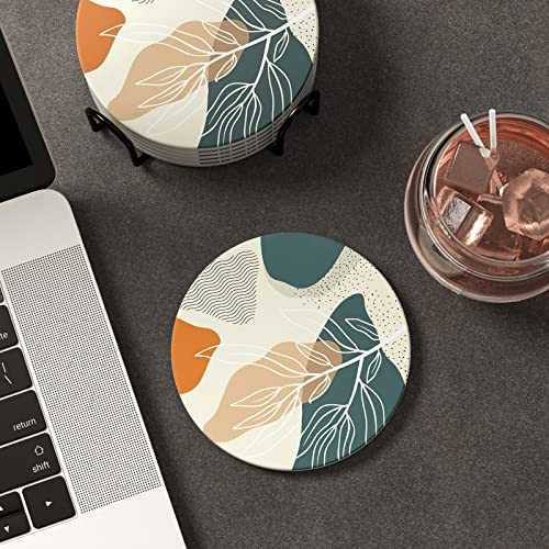 Coasters for Drinks, Set of 6 Cute Absorbent Ceramic Drink Coasters - color: Abstract Boho Leaf