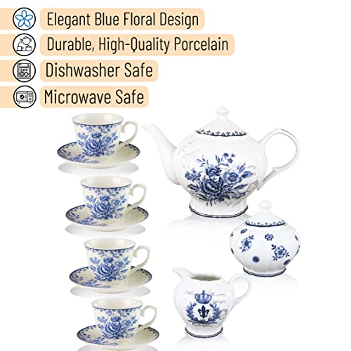 Brew To A Tea Blue Dream Tea Set, 48oz Teapot, 8oz Tea Cups, Saucers, Sugar Bowl, Creamer, Porcelain, Blue