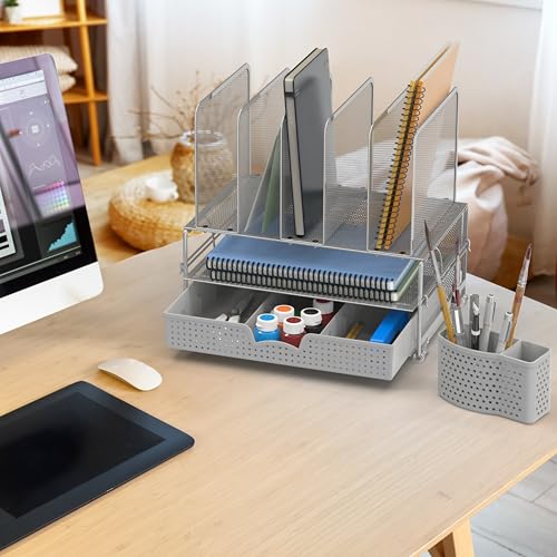 Simple Houseware Desk File Organizer for Office Supplies w/Drawer, Silver - color: Silver
