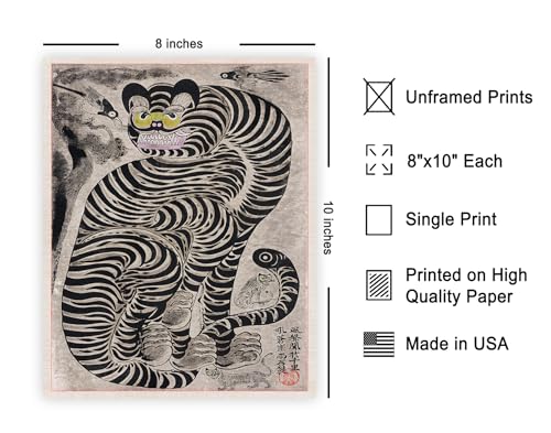 Poster Master Vintage Talismanic Tiger and Magpies Poster - Retro Folk Art Print - Japanese Art - Gift for Men & Women - Great Decor for Office, Dorm, Living Room or Bedroom - 8x10 UNFRAMED Wall Art - color: Style-17, size: 8"L x 10"W
