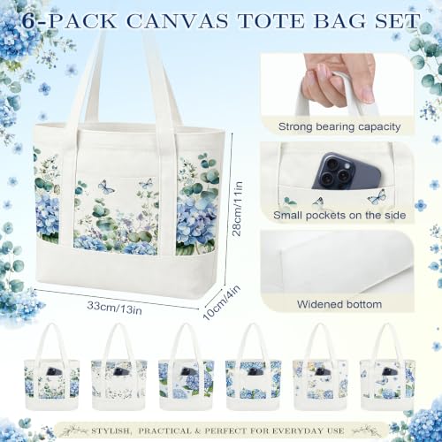 6 Pcs Mini Floral Bow Tote Bags for Women White Canvas Tote Bag Bulk Reusable Coquette Bags for Wedding Party Favor - color: Blue Hydrangea