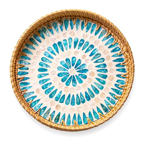 JUNGLE CULTURE Round Rattan Tray with Mother of Pearl Inlay • Ripple 12” - color: Ripple, size: 11.8"