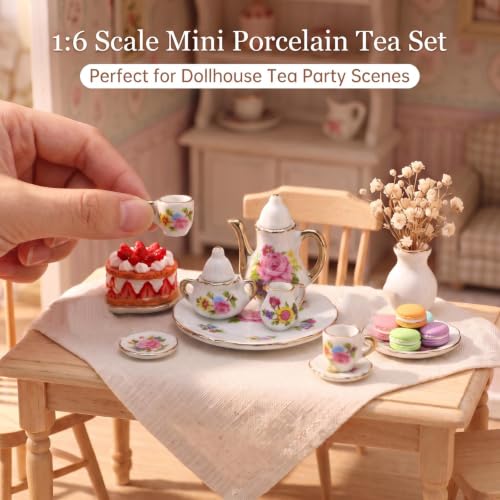 Miniature Tea Set 1/6 Scale Dollhouse Accessories Porcelain, Pink - color: Pink