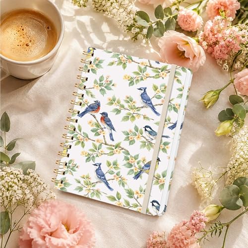 Blue Bird Lined Spiral Notebook, Pretty Hardcover Journal 6'' x 8.4'', Floral Notebook for Women, Work, Writing, Note Taking, Journaling Gift - color: Flower Bird