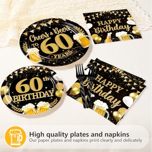 96Pcs Cheers to 60 Birthday Party Decorations, Serves 24 - style: Beer Black Gold 60th Birthday