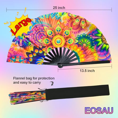 EOSAU Large UV Glow Rave Fan, Folding Hand Fans for Line Dancing, Flowers - color: 13" Flowers
