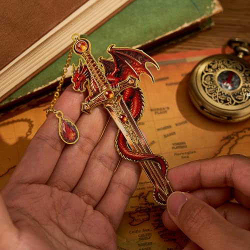 4 Pcs Fantasy Dragon Sword Bookmarks, Metal Page Markers with Crystal Dangle Charm, 3D Vintage Book Accessories for Journals, Planners, Novels, Unique Gift Set for Book Lovers - color: Dragon