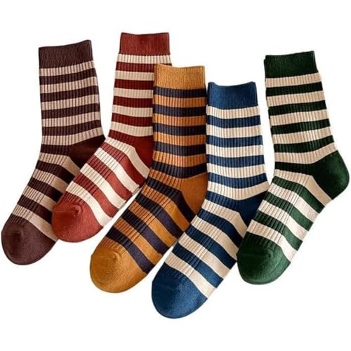 Womens Striped Crew Socks, Cute Vintage Retro Mid Calf Boot Socks for Women Ladies 5/6 Pairs, Size 5-10 - color: Striped Socks