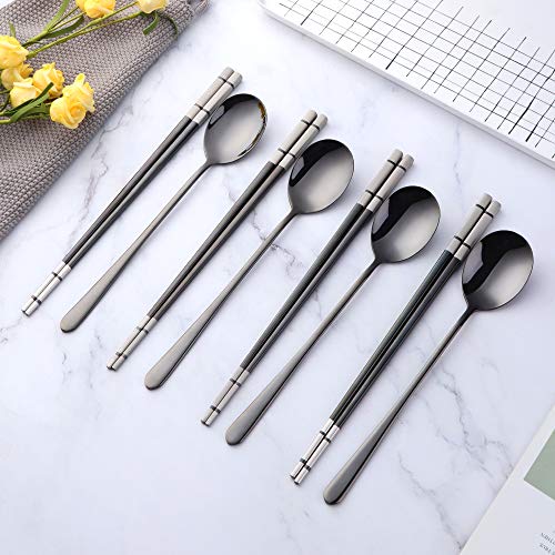 Buyer Star 4 Set Black Square Chopsticks and Spoons Set Metal Stainless Steel Spoons Chopsticks Set - color: black-square chopstick and spoon