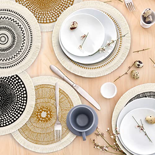 Set of 6 Round Placemats 13 Inch Cotton Woven Mandala Tassels Table Mats - color: Spiral-6pcs