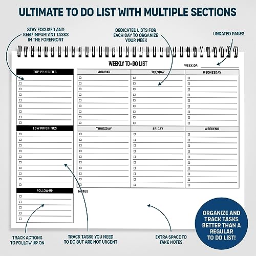Weekly Planner To Do List Pad - 8.5x11" 52 Sheets Spiral - Desk Notepad - style: Weekly To Do List