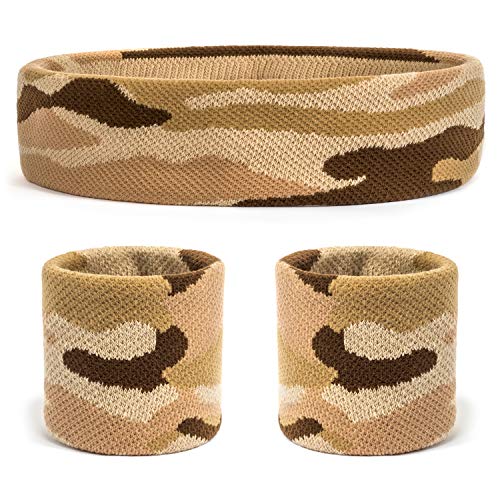 Suddora Camo Headband/Wrist Band Set - Camouflage Sweatbands for Basketball, Tennis, Working Out, Gym - color: Camo Tan