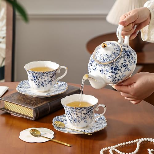 TATSUMI Country Roses Porcelain Tea Set, European Ceramic tea set for one or two,Vintage Style, For Women and Tea Parties (BLUE, 7 Pieces Set) - color: Blue, size: 7 Pieces Set