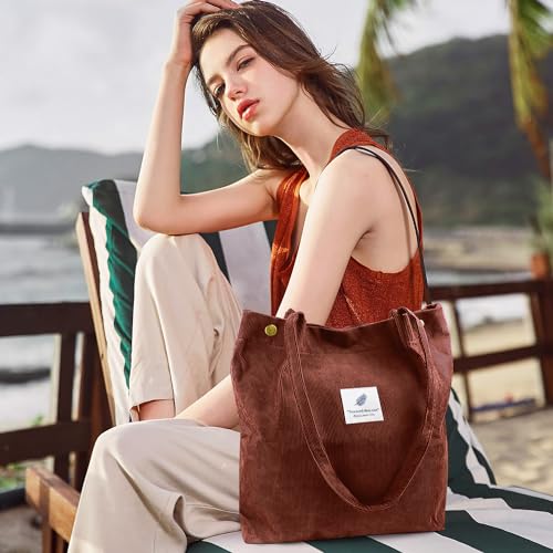Ayieyill Corduroy Tote Bag for Women Canvas Shoulder Cord Purse with Inner Pocket - color: Brown