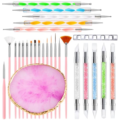 Nail Art Tools 27Pcs Set,Nail Art Brush,Resin Nail Art Palette,5 Pcs Nail Art Sculpture Pen,2-way Acrylic Silicone Engraving Pen Dotting Pen Tools Nail Art Kit for Nail Art DIY - color: A2#Pink Style 1