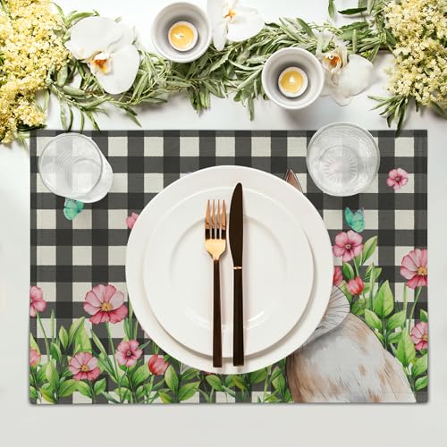 Buffalo Plaid Bunny Placemat Set of 4 12 x 18 Inch Pink Flowers Butterfly Farmhouse Linen Fabric Table Mats Outdoor Spring Seasonal for Party Kitchen Dining - color: Easter Bunny