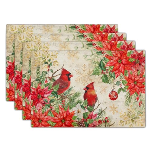 Winter Red Birds Placemats Set of 4 Xmas Holly Berry Pine Cones Place Mat for Kitchen Dining Decor 12 x 18 Inch Watercolor Poinsettias Linen Fabric Table Mats for Home Holiday Seasonal Party - color: Xmas Bird