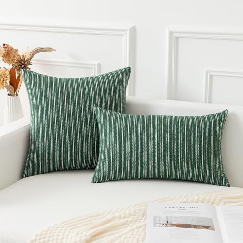 Kevin Textile 18x18 Pillow Covers, Boho Woven Texture Square Throw Pillow Covers Set of 2, Linen Decorative Burlap Pillow Cases for Couch Bedroom Living Room, Dark Green - color: A-dark Green, size: 18" x 18" (Pack of 2)