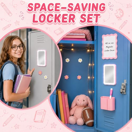 Pink Locker Accessories Kit Back to School Essentials Includes Locker Light up Mirror Magnetic Whiteboard Pen Holder Magnetic Flower Decoration and Organizing Supplies Backing for Girls