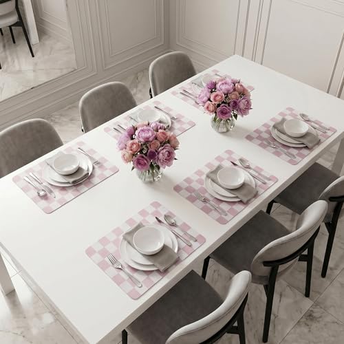 Set of 6 Checkerboard Non-Slip Washable Placemats for Dining Table - color: Pink
