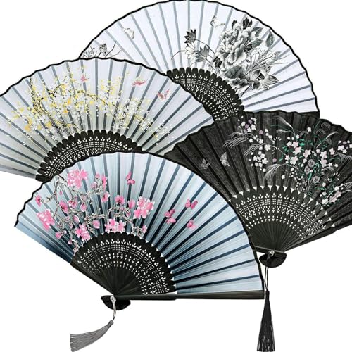 Zonon 4 Pack Hand Held Folding Fans for Women Silk,Vintage - style: Stylish