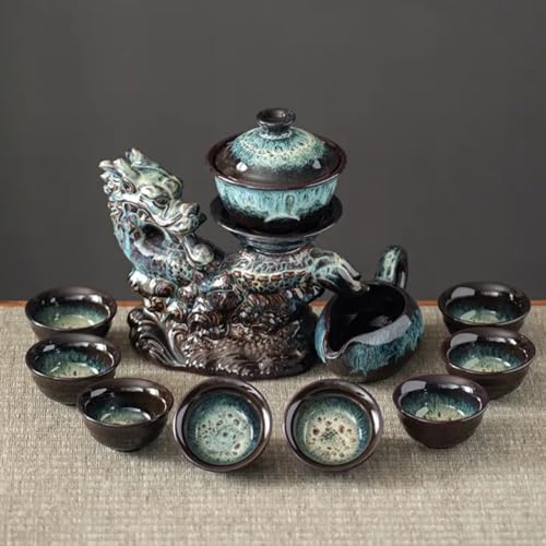 Chinese Gongfu Tea Set Ceramic Teapot with Infuser, 8 Cups, Semi Automatic Dragon Design for Loose Leaf Tea - color: Gradient Dragon - B