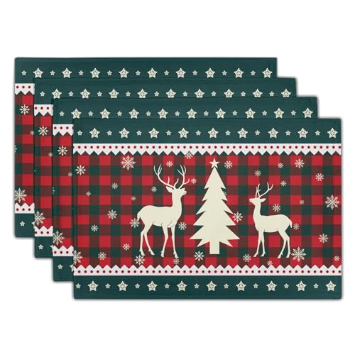 Christmas Elk Snowflakes Placemats Set of 4 for Dining Table,Xmas Reindeer Red Green Buffalo Plaid Washable Table Mats Placemats for Winter Kitchen Holiday Coffee Place Mat 18 x12 Inch - color: Christmas Reindeer