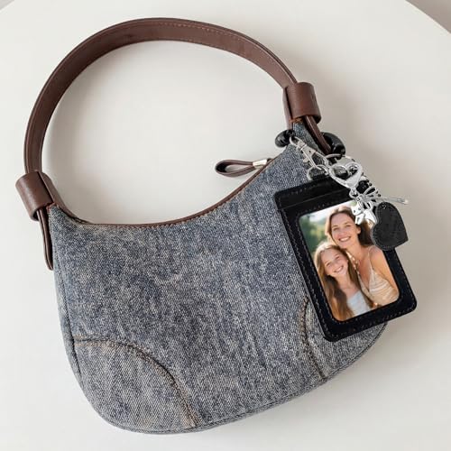 Kpop Photocard Holder Keychain - 2 Pack PU Leather Wallet Size Photo Card Holder with Detachable Metal Chain, Cute Double-Slot Protective Sleeve for Idol Photocards, ID Badge & Credit Cards