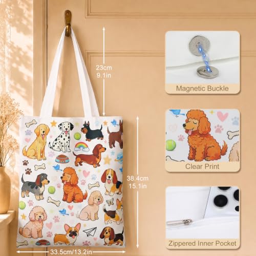 Canvas Tote Bag,Aesthetic Tote Bag,Cute Totebag with Buckle & Pocket,Reusable Canvas Bags,Cat Dogs Gifts for Grocery - color: Dog