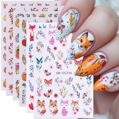 Fall Nail Art Stickers Autumn Leaf Pumpkin Nail Stickers 6PCS 3D Self-Adhesive Foxes Leaves Floral Pumpkin Design Nail Decals Nail Art Supplies Fall Sticker Sliders for Nails DIY Manicure Decorations - style: style5