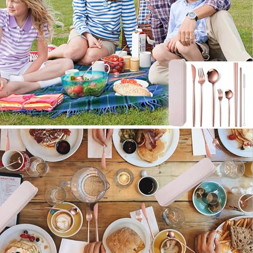 AARAINBOW 8 Pieces Stainless Steel Flatware Set Portable Reusable Cutlery Set Travel Utensils Set Including Chopsticks Knife Fork Spoon Straws Cleaning Brush Dishwasher Safe (Rose Golden) - color: Rose Golden