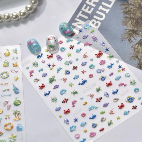 5D Embossed Under The Sea Stickers for Nail Art Jelly Fish Self-Adhesive Nail Art Decals for Women Nail Supplies Art Design Stickers (to5726) - style: to5726