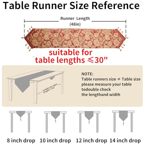 Luxury Vintage Table Runner 48 inches Long Embroidery Jacquard Fabric with Multi-Tassels Table Runners for Dining Room Dresser Wedding Christmas Thanksgiving Party Decorations (Red, 12X48inch) - color: Red, size: 12X48inch