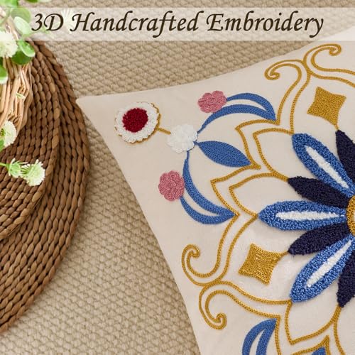 Embroidered Floral Throw Pillow Cover 20x20 Set of 1 Blue - color: Blue, size: 20" x 20" (Pack of 1)