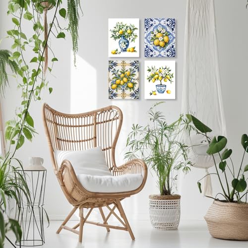 LUKIPOM Chinoiserie Lemon Summer Wall Art Posters Set of 4 Unframed - color: Color 015
