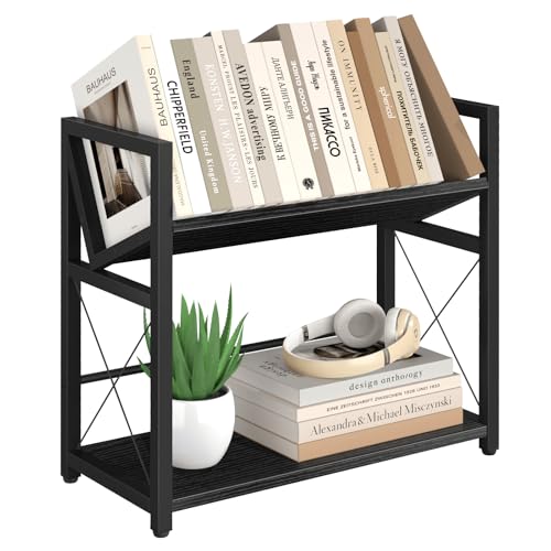 ELITEROO Desktop Bookshelf, 2 Tier Desk Book Organizer Shelf, Wood Tabletop Bookshelf Storage, Small Desk Top Bookcase for Office, Home, or Study, Mini Table Book Rack for Display, Black - color: Black