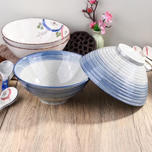 Ceramic Ramen Bowl Set of 2, 8.3" Blue Striped Japanese Noodle Bowls - color: BS